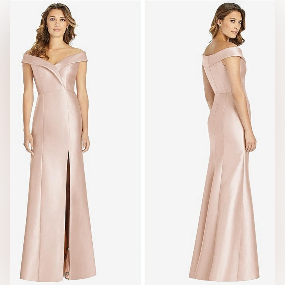 ALFRED SUNG D760 SATIN TWILL DESSY DRESS TRUMPET GOWN SLIT CAMEO NEW NWT SZ 6